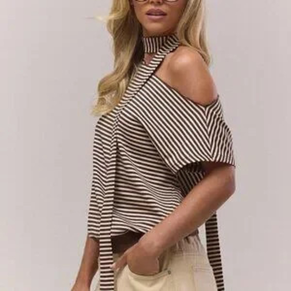 Multicolor Women's Asymmetrical Shoulder Slouch Stripe Scarf Detail blouse